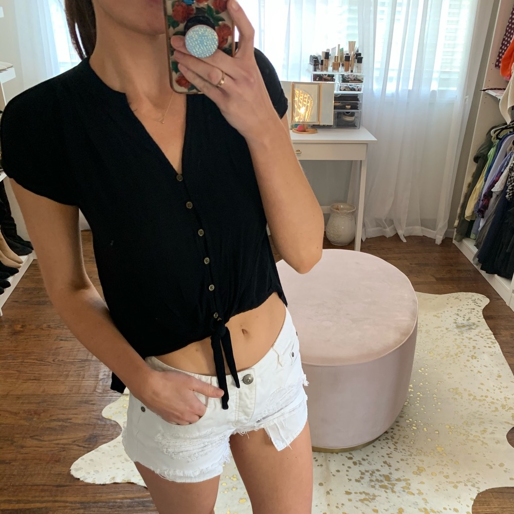 Universal Thread Womens Black Crop Top Button Up Tie Front